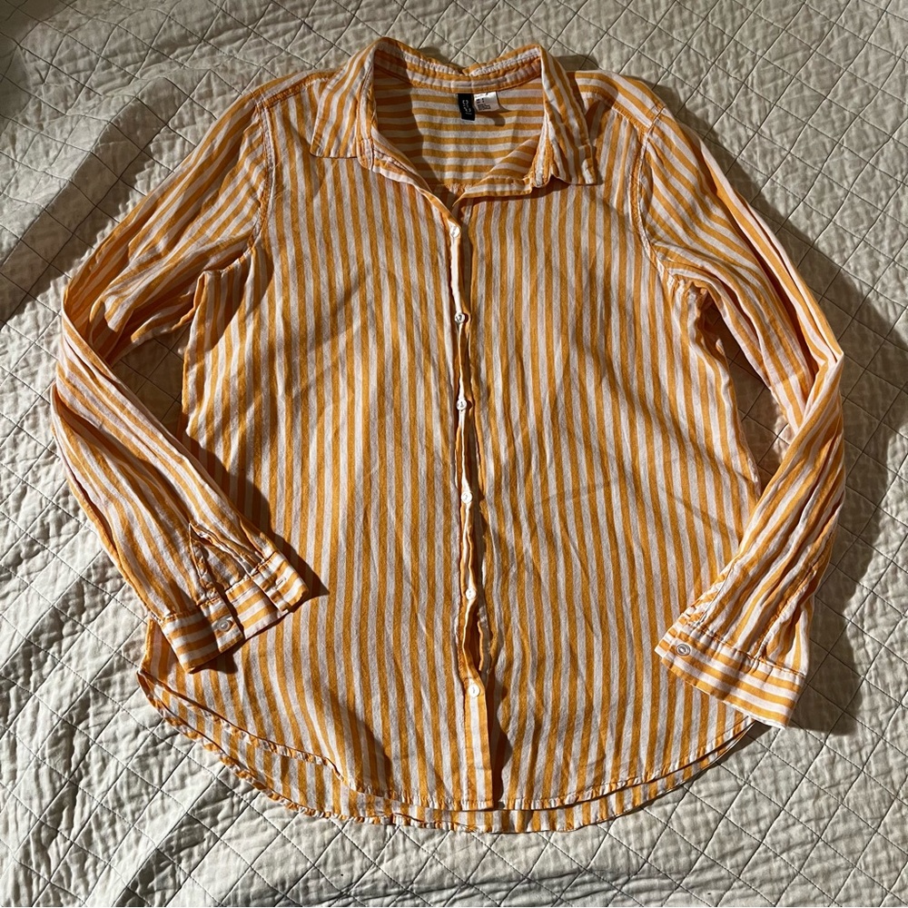 H&M 100% cotton yellow/white striped button-down - 8